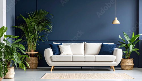 White sofa with blue and white cushions in modern living room with tropical plants, dark blue wall, wooden legs, beige rug, and hanging lamp creating clean and relaxing atmosphere