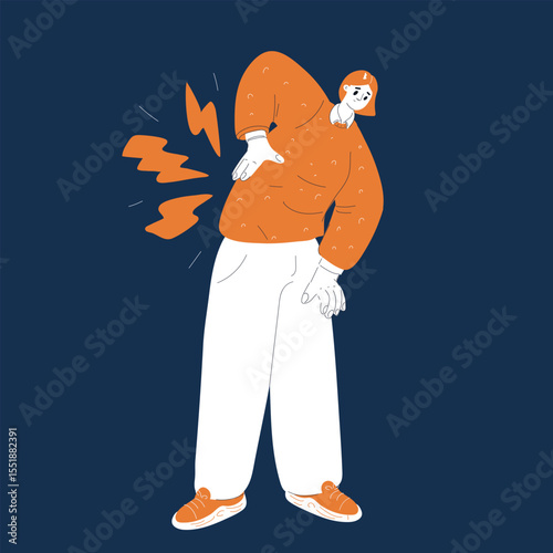 Cartoon vector illustration of a woman holding her lower back, symbolizing back pain, discomfort, and physical strain against dark background