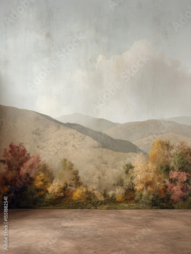 Autumn forest scene painted as vintage studio background, warm earthy tones and deep texture ideal for editorial or seasonal portraits, painterly background                                  