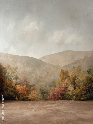 Painted hills and foliage in neutral earth palette, classic background with layered depth perfect for fashion, portrait or timeless setups, painterly background                              