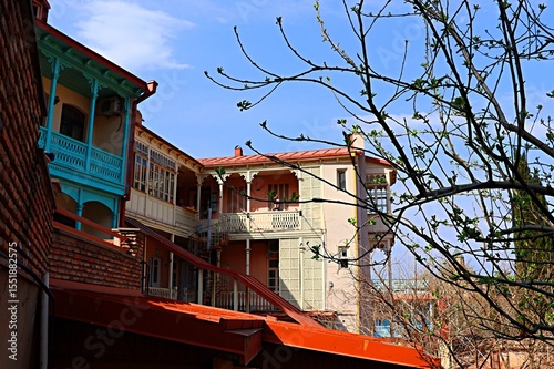 Traditional Georgian houses with large balconies in Tbilisi's old town