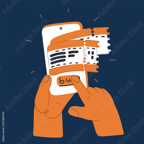 Cartoon vector illustration of hands holding a smartphone and buying two tickets online, symbolizing digital purchase and convenience against dark background