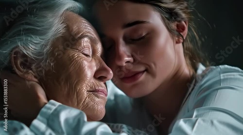 Elderly woman and young woman share an affectionate moment in hospital bed. Slow motion. Close-up. 4K.