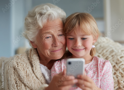 Grandmother and granddaughter taking selfie together.