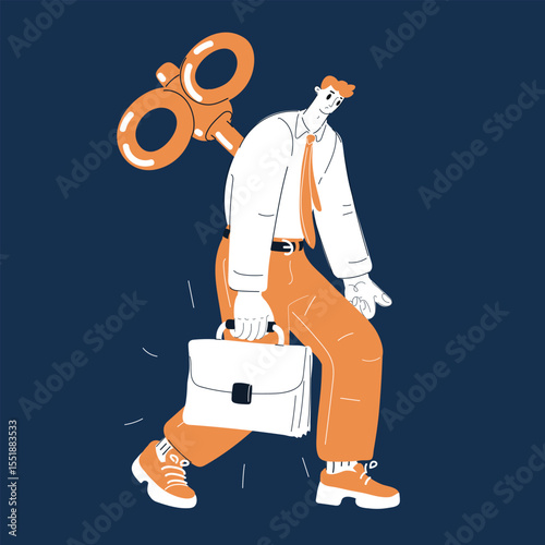 Cartoon vector illustration of a tired man crawling away from work, symbolizing burnout, exhaustion, and overwork against dark background