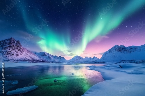 Stunning Northern Lights Over Frozen Landscape Reflecting in Icy Waters at the Polar Night.
