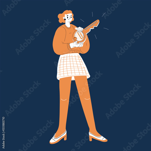 Cartoon vector illustration of woman holding large key against dark background