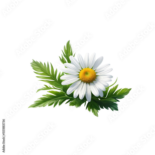 Single Chamomile Flower with Green Leaves on Transparent Background