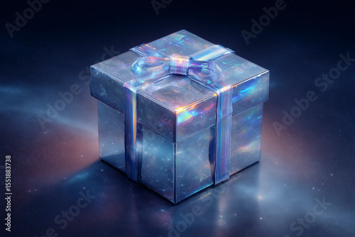 Iridescent Gift: Shimmering present wrapped with elegant ribbon, set against a cosmic backdrop, full of wonder.