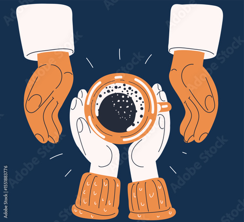 Cartoon vector illustration of two people’s hands sharing a warm drink, symbolizing connection, bonding, and shared moments against dark background