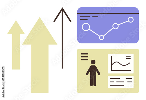 Arrows represent growth and progress alongside visual charts, including a user profile with data insights. Ideal for analytics, business growth, progress measurement, statistics, trends, forecasting