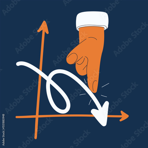 Cartoon vector illustration of hand pointing at falling arrow graph against dark background