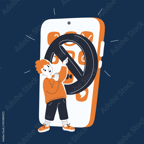 Cartoon vector illustration of a boy inside a phone screen trying to unlock an app, symbolizing learning digital skills, responsibility, and growing independence against dark background