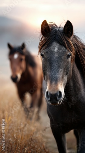 Horses walking through golden grass during sunrise in a tranquil landscape