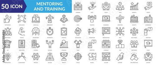 Mentoring and Training icon collection set. Containing Learning, Idea, Focus, Team, Growth , Advice, Motivation, Excellence, Video Call,Experience icon