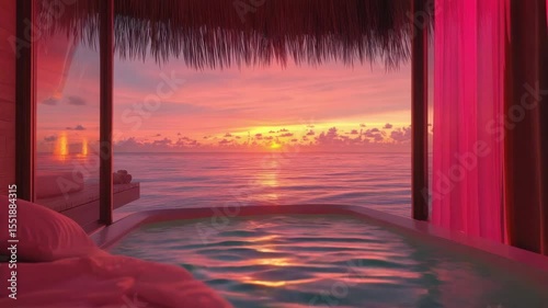Sunset over ocean from cozy tropical room with water pool, pink curtains, and soft lighting creating warm, peaceful atmosphere