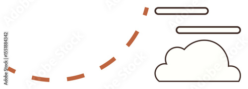 Dashed arc leading to abstract cloud with three horizontal lines denotes ideas of cloud storage, data flow, innovation, connectivity, development, communication, and simplicity in a flat metaphor