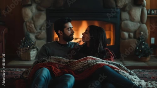 Couple wrapped in cozy blanket by warm fireplace in rustic room sharing intimate, relaxed, and loving moment with soft lighting indoors