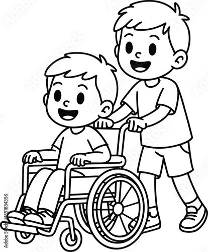 Vector Kids & Wheelchair: Friendship and Inclusivity - Caring Children Illustration.