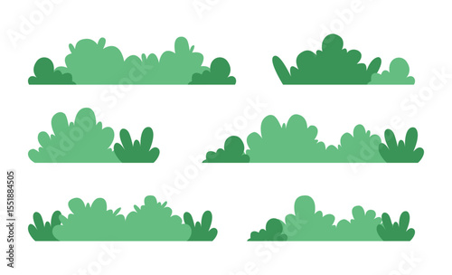 Green Bushes Set. Flat Grass Bush Collection Isolated on White Background. Nature Plant Illustration