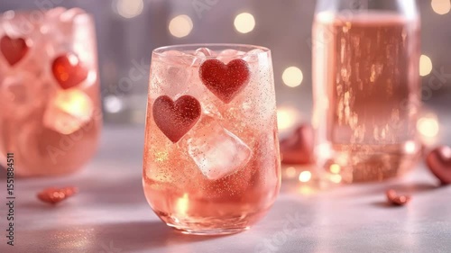 Romantic pink sparkling beverage with ice cubes and heart shaped decoration in glass creating festive warm mood and soft glowing lights