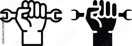 Solid Black Fist Holding Wrench Icon – Powerful Repair Symbol in Flat Minimal Vector Style