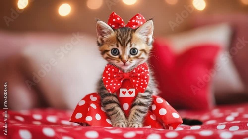 Cute kitten pet animal wearing red polka dot dress and bow sitting on matching fabric with warm lights creating charming atmosphere