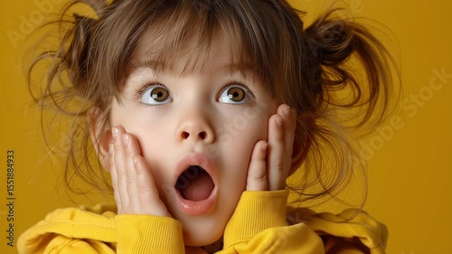 Surprised little girl with pigtails and bangs wearing a yellow hoodie, holding her face with both hands and looking amazed, against a solid yellow background