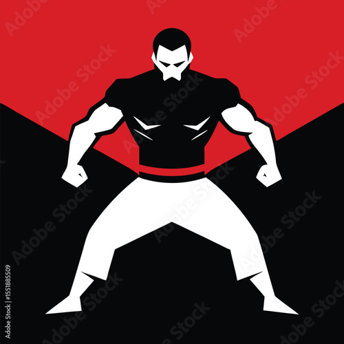 Bold geometric illustration of a muscular figure in a dynamic powerful stance