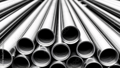 Close-up of a stack of stainless steel pipes in a warehouse, symmetrical composition, neutral lighting, industrial theme