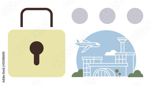 Padlock symbolizing security beside an airport terminal with a flying airplane. Ideal for travel safety, airport regulations, data protection, transportation security, travel planning, airline