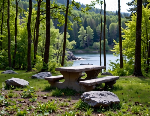 the image features a stone picnic table set in a forest, overlooking a body of water, the main subject is the picnic table, which is made of gray stone