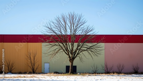 the photograph presents a solitary tree set against a colorful wall under a clear sky, the tree is leafless, its branches reaching upwards, a dark shape is at the base of the tree