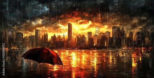 Panoramic view of the New York skyline at night with reflections in the Hudson River