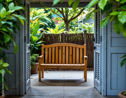 the image focuses on a wooden bench, set at the entrance of a covered area, the bench, made of light toned wood, has vertical slats for the back and simple armrests