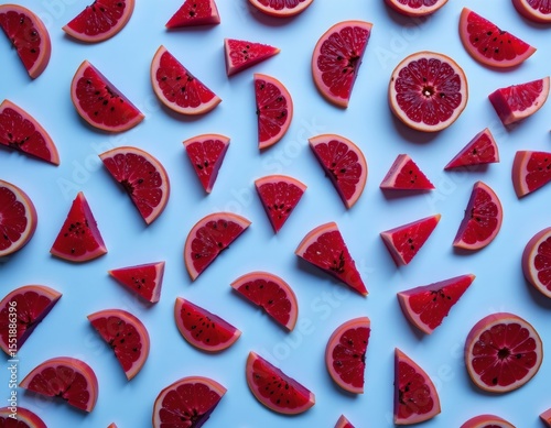 the image showcases numerous slices and wedges of the same fruit, creating a pattern on a light backdrop, most of the slices are in the shape of triangles or crescent moons