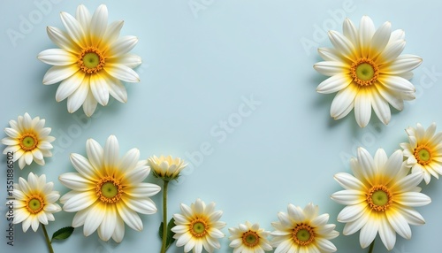 the image features a collection of flowers arranged against a solid color background, these flowers have bright yellow centers surrounded by delicate white petals