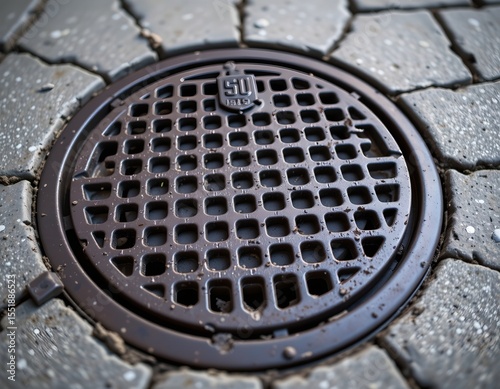 the image is a close up shot, focusing on a circular, grated metal cover set into pavement, the cover has a grid pattern of square openings
