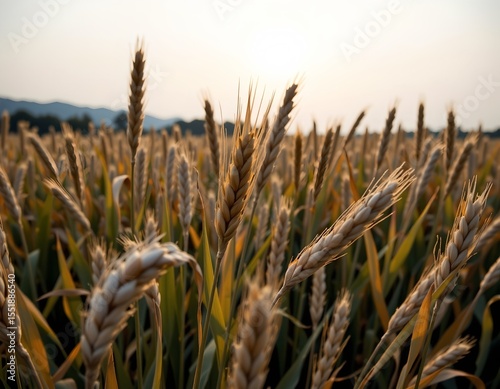the image shows a close up of a field of grain, possibly wheat or rye, against a soft and slightly blurred background