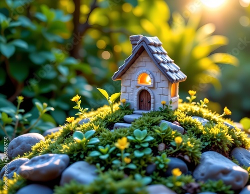 the primary subject is a miniature dwelling nestled on a mound of vibrant green foliage, the structure has a simple, gabled roof covered in what appears to be small