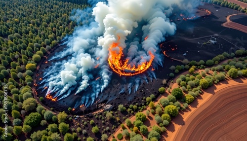 the image shows an aerial view of a large fire spreading through a natural landscape, the primary subject is the intense, vibrant fire