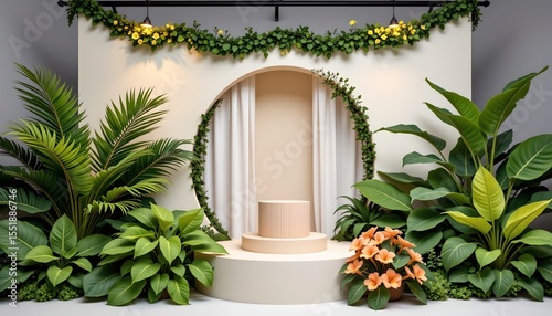 the image showcases a botanical themed stage setup, at the center is a three tiered, semi circular platform, on the top tier is a cylindrical structure featuring vertical lines