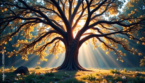 the image presents a large tree, likely an oak, as its central subject, the trees trunk is thick and sturdy, and its branches extend wide, creating a canopy of leaves