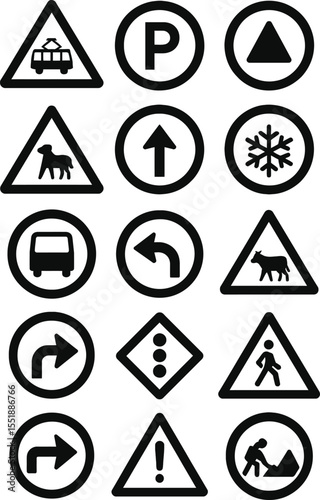Set of vector road and traffic signs with warning symbols in yellow and black design for safety and caution on highways and streets