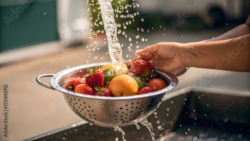 Fototapeta Naklejka Na Ścianę i Meble -  Fresh Fruits Being Washed Under Water Stream Outdoors