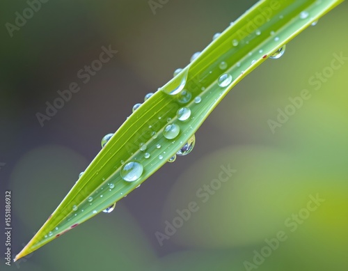 the image focuses on a single, vibrant green leaf, partially filling the frame, its surface is adorned with numerous transparent water droplets