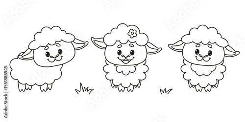 Coloring Page Set of Cute Cartoon Lambs. Vector Illustration