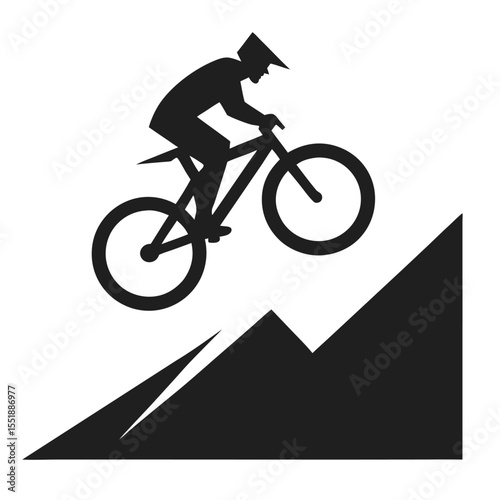 Silhouette of a mountain biker performing a jump over a rocky terrain on white background