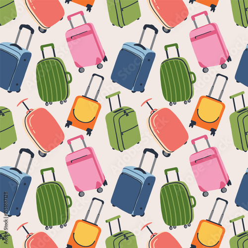 Seamless pattern of suitcases, bags, backpacks for travel in doodle style. Hand drawn luggage icons.	