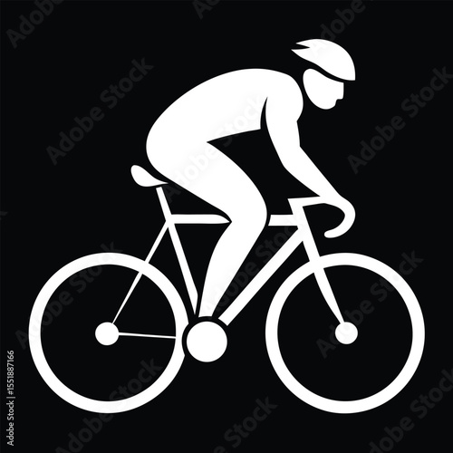 Simple white cyclist silhouette riding a bicycle against a solid black background